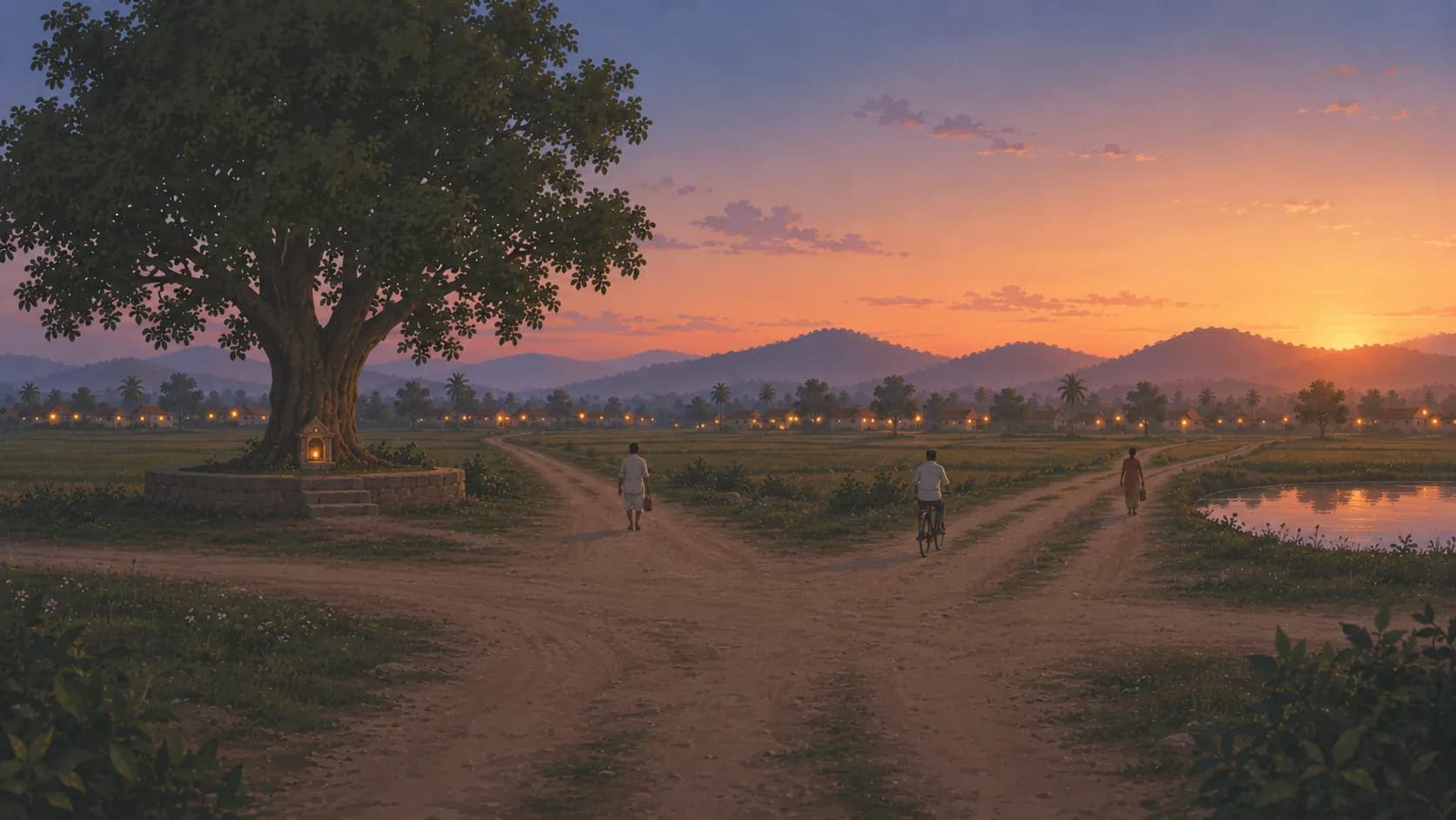 A dusk crossing where three dirt roads meet, with lamps lit in villages along the horizon.